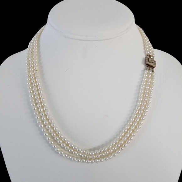 Vintage Pearl Necklace 925 Sterling Silver Triple Strand Baby Pearls A0010 -Q5